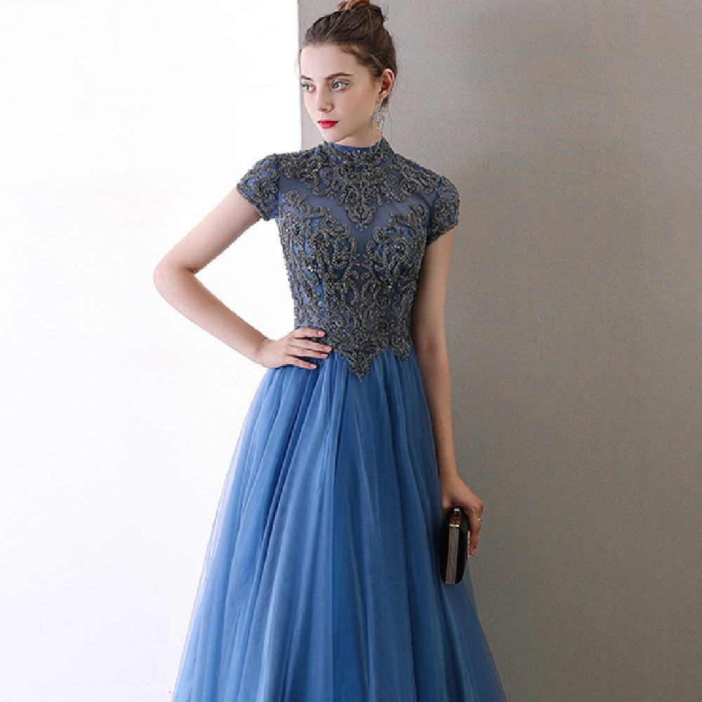 Temperament Socialite Fairy Air Bladed Blue Stand-up Collar Evening Dress