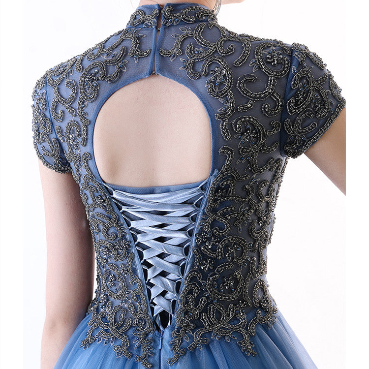 Temperament Socialite Fairy Air Bladed Blue Stand-up Collar Evening Dress