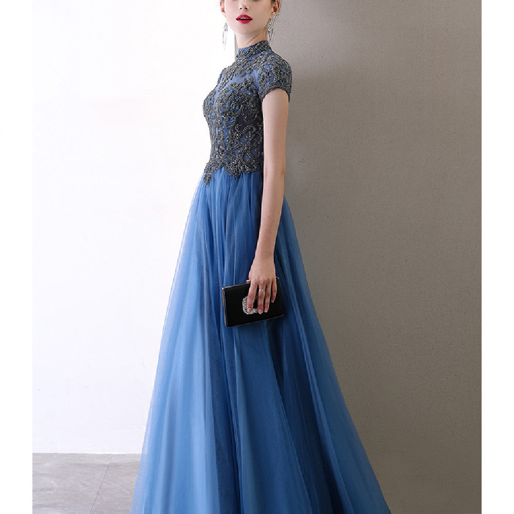 Temperament Socialite Fairy Air Bladed Blue Stand-up Collar Evening Dress