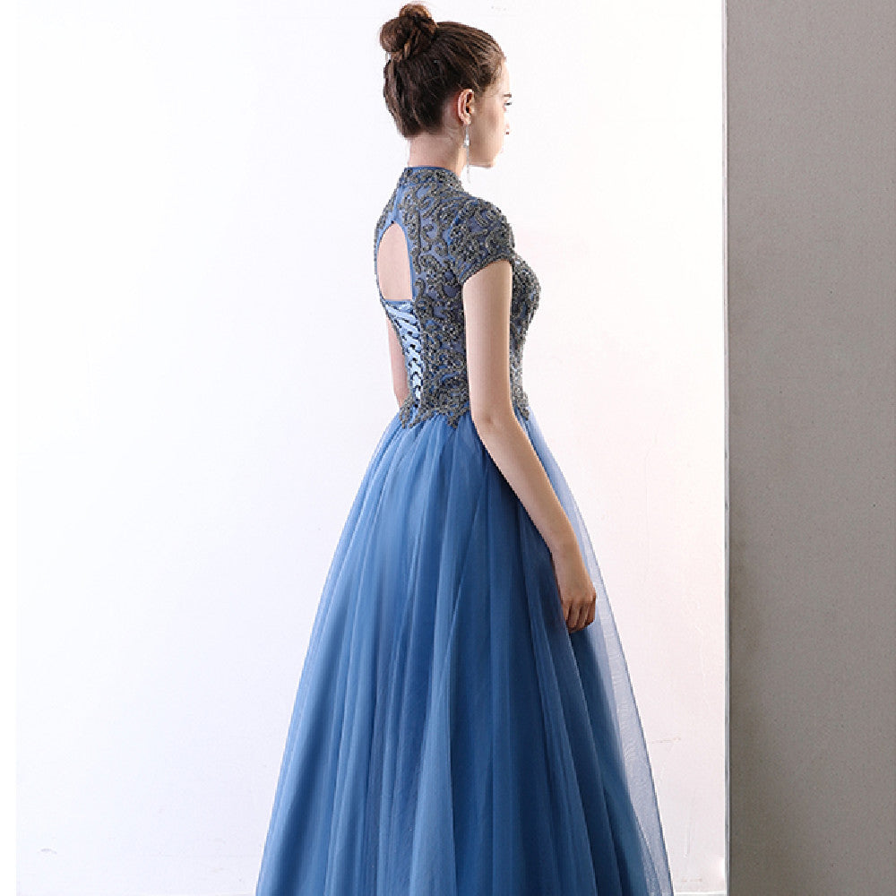 Temperament Socialite Fairy Air Bladed Blue Stand-up Collar Evening Dress